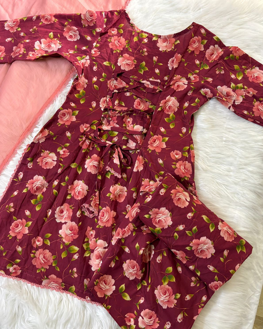 Red & Pink Printed Lawn - Farshi Corset Back 3 Pcs- Summer Arrivals
