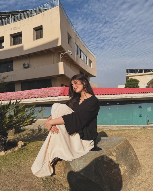 Black Kameez With Beige Linen Farshi Shalwar