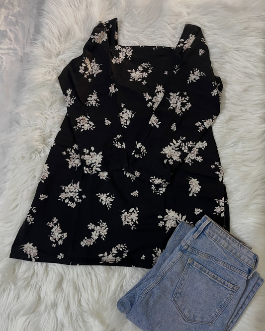 Black Linen Printed Kurti - Corset Back