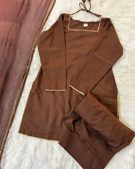 Brown Farshi Set - 3 Pcs - Blended Cotton