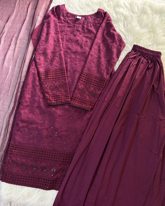 Mulberry Chikankari With Plazzo & Chiffon Dupatta - 3 Pcs
