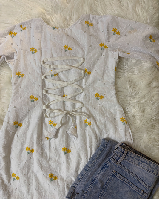 White & Yellow Chikankari Kurti - Corset Back