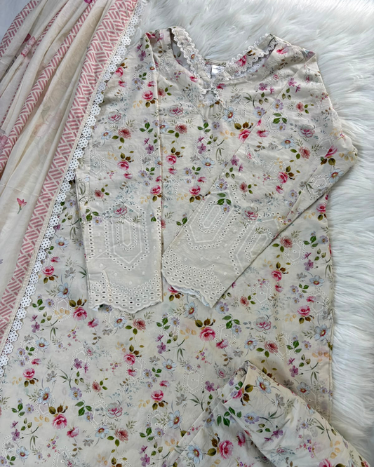 Creamy Floral Chikankari - 3 Pc Suit