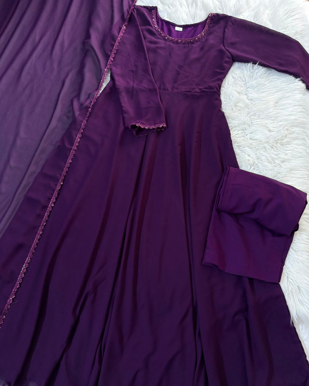 Purple Chiffon Long Frock - 3 Pc Set