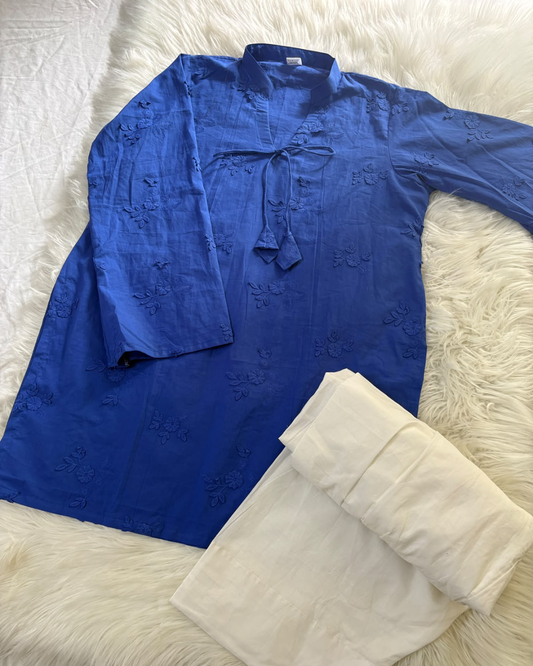 Blue Chikankari Kurti With White Cotton Farshi Shalwar - 2 PC