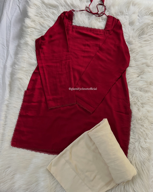 Maroon Kameez With White Linen Farshi Shalwar