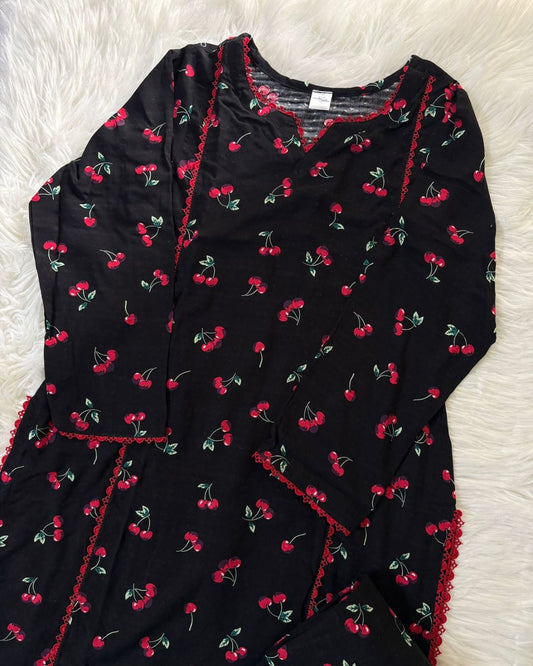 Black & Red Cherries Linen - 2 Pcs - Summer Arrivals