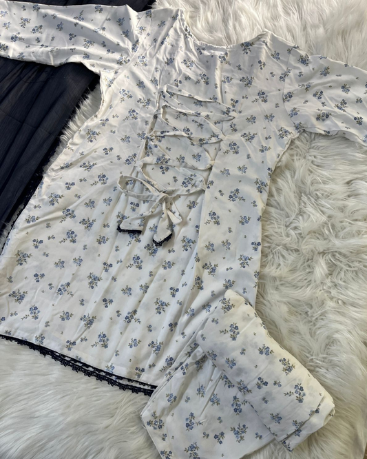 Printed White & Blue Shalwar Kameez - Corset Back 3 Pcs Suit