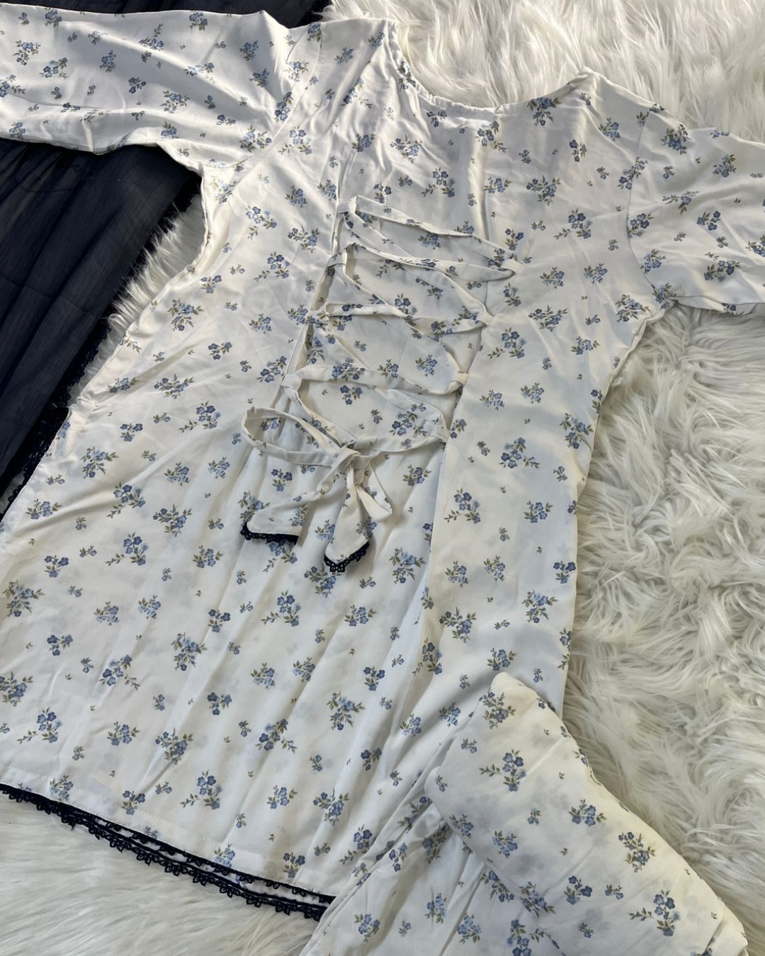Printed White & Blue Shalwar Kameez - Corset Back 3 Pcs Suit