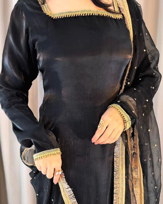 Black Sheesha Silk 3 Pcs Suit - With Kiran Dupatta
