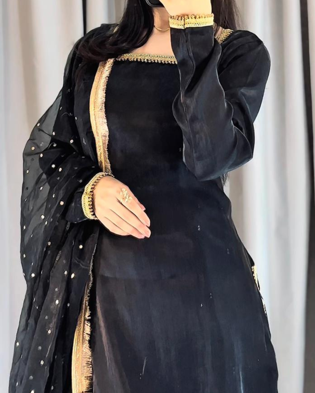 Black Sheesha Silk 3 Pcs Suit - With Kiran Dupatta