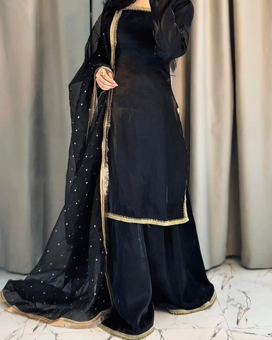 Black Sheesha Silk 3 Pcs Suit - With Kiran Dupatta
