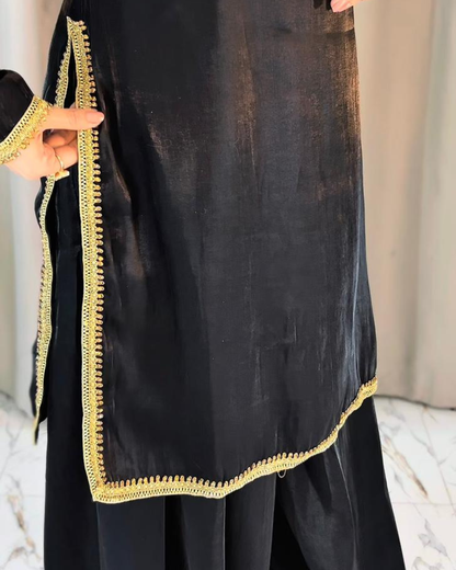 Black Sheesha Silk 3 Pcs Suit - With Kiran Dupatta