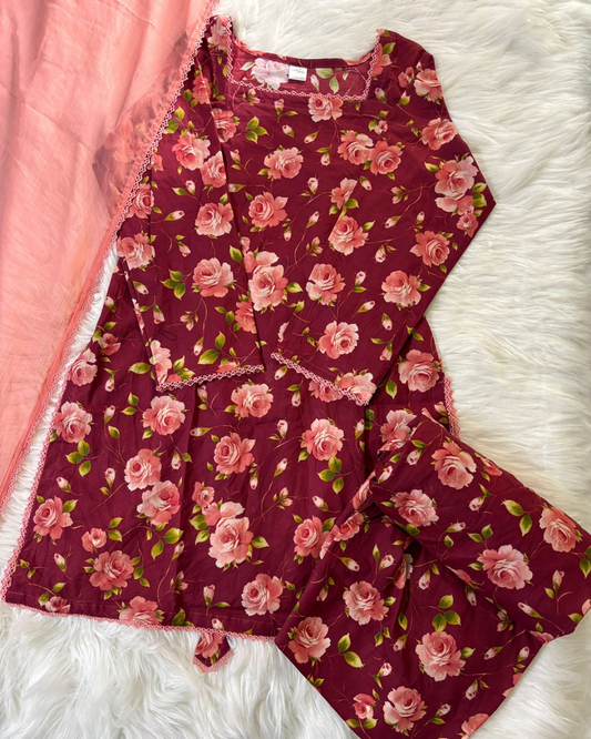 Red & Pink Printed Lawn - Farshi Corset Back 3 Pcs- Summer Arrivals