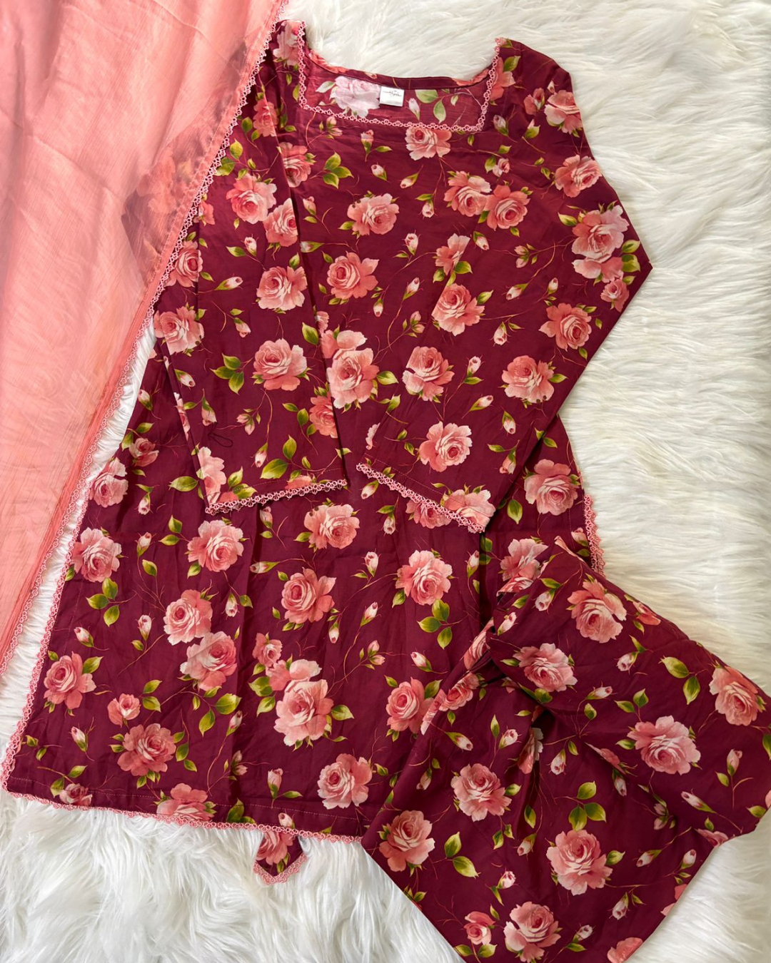 Red & Pink Printed Lawn - Farshi Corset Back 3 Pcs- Summer Arrivals