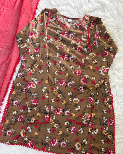 Brown Floral Printed Gharara Set