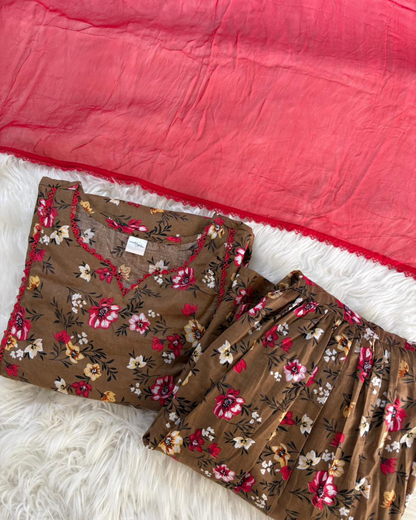 Brown Floral Printed Gharara Set