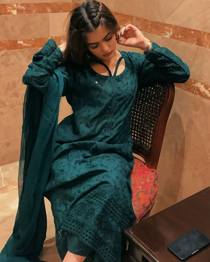 Emrald Green Chikankari 3 Pcs Suit - Viral Summer Edition