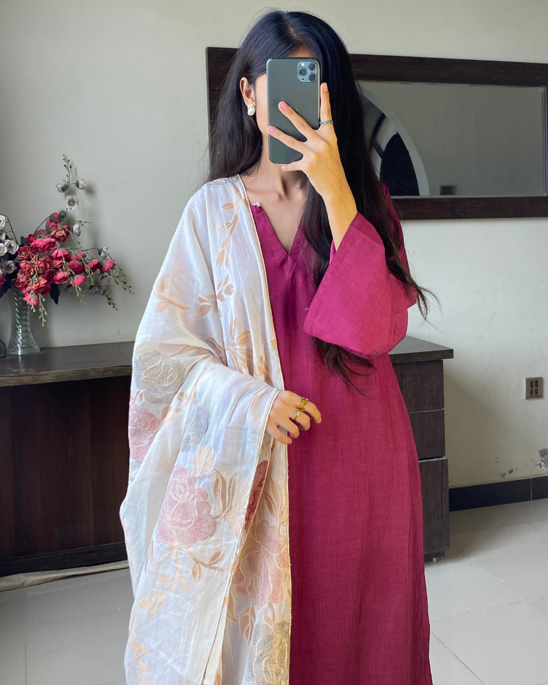 Aabru Purple Irish Linen Suit with Jacquard Dupatta - 3 Pcs