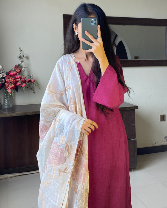 Purple Lawn With Plazzo & Dupatta - 3 Pcs