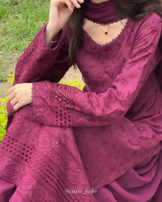 Mulberry Chikankari With Plazzo & Chiffon Dupatta - 3 Pcs