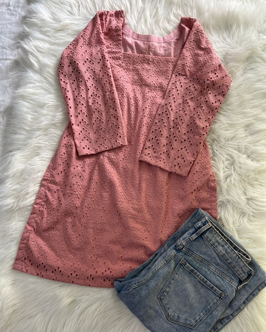Peach Pink Chikankari Kurti - Corset Back