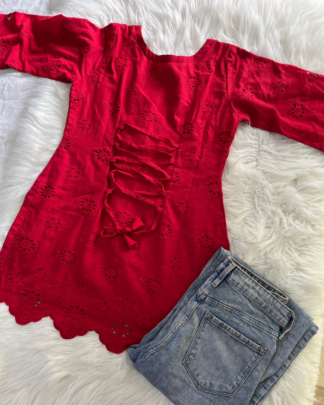 Red Chikankari Kurti - Corset Back