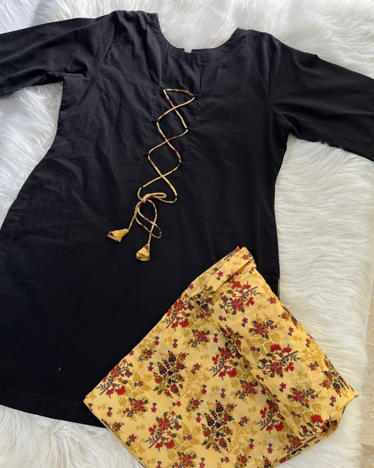 Black & Floral Yellow Farshi Set - 2 Pcs