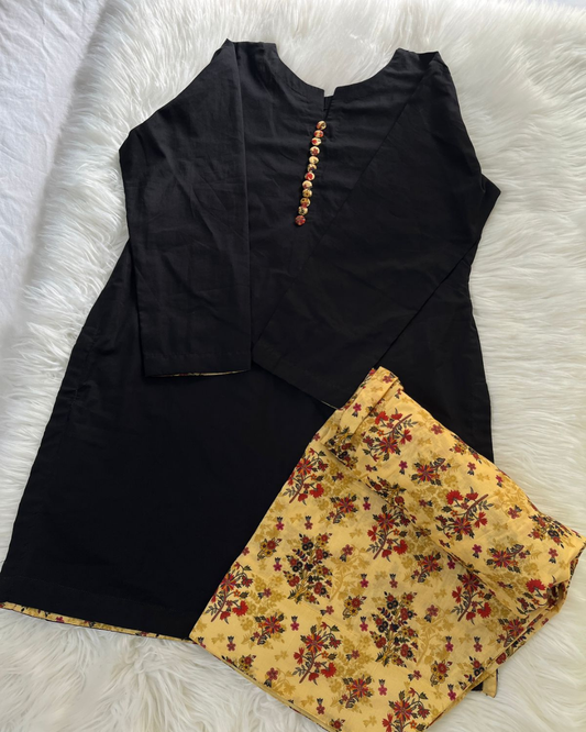 Black & Floral Yellow Farshi Set - 2 Pcs