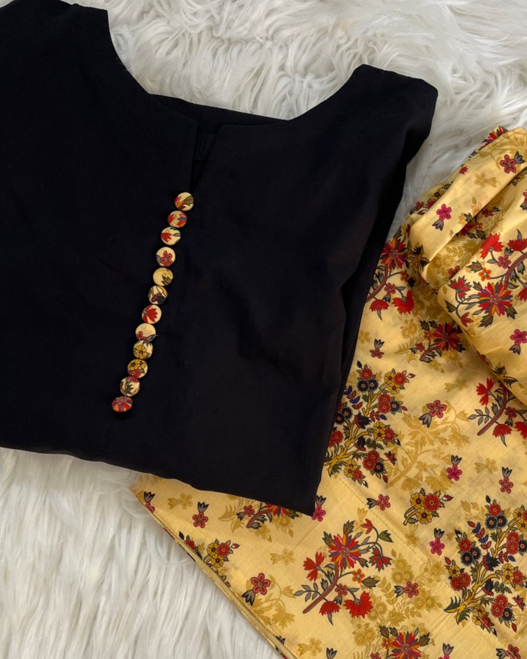 Black & Floral Yellow Farshi Set - 2 Pcs
