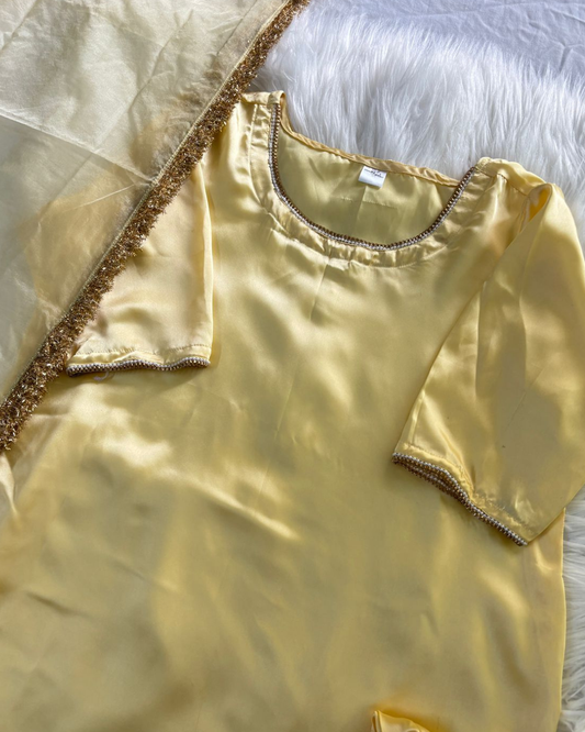 Butter Yellow Silk Farshi Set - 3 Pcs