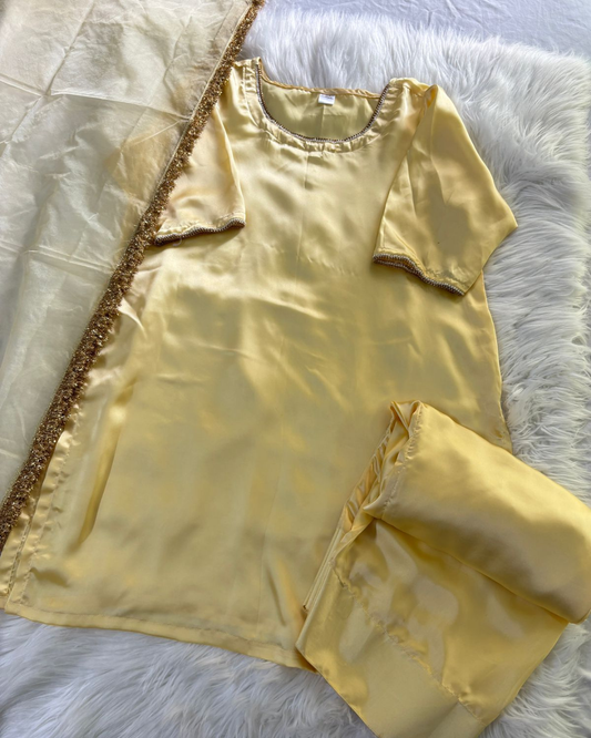 Butter Yellow Silk Farshi Set - 3 Pcs