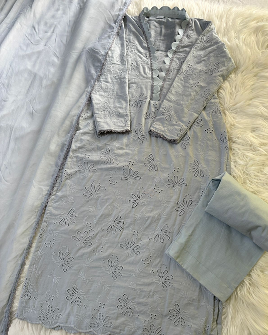 Grey Chikankari Suit with Matching Dupatta - 3 Pcs
