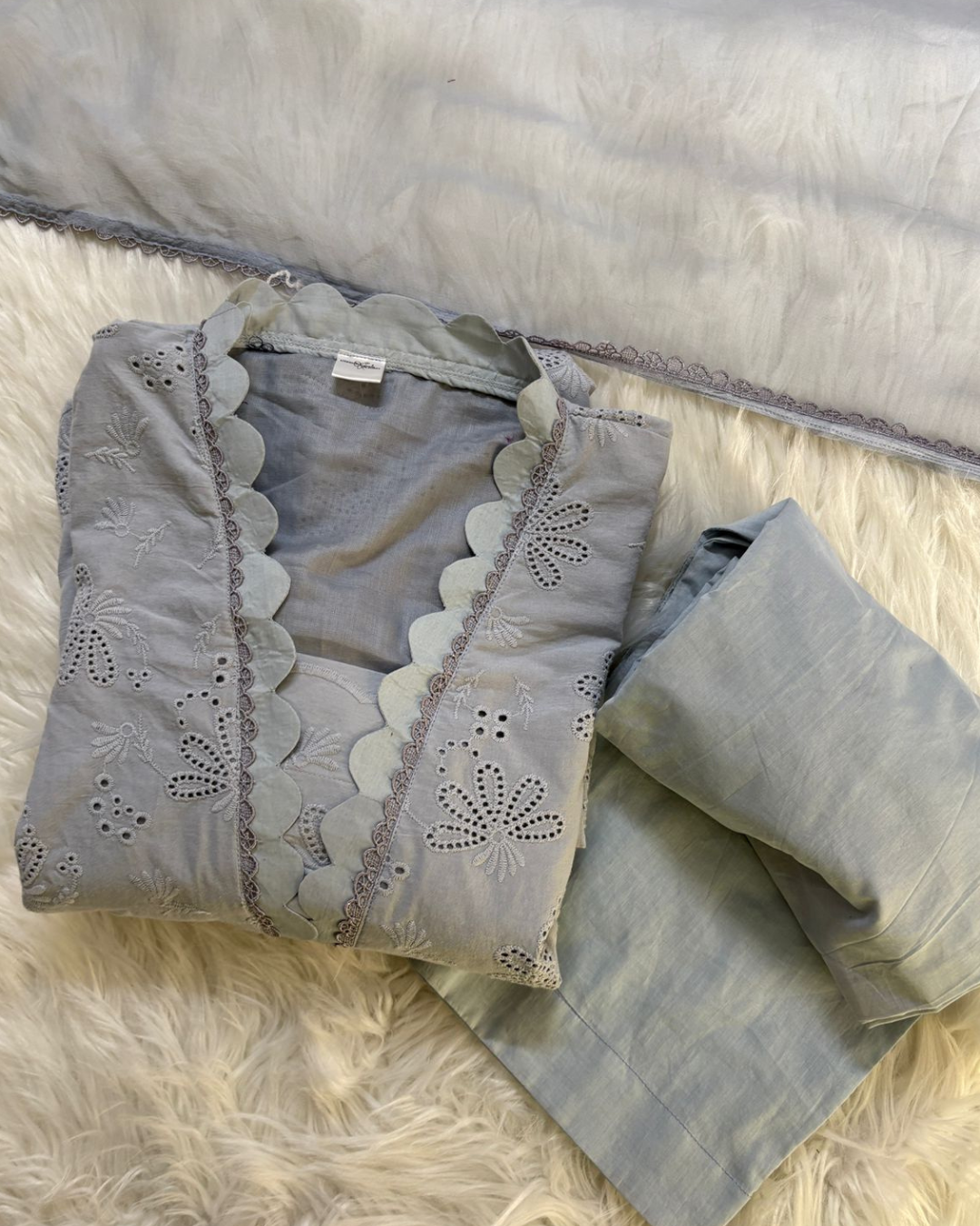 Grey Chikankari Suit with Matching Dupatta - 3 Pcs