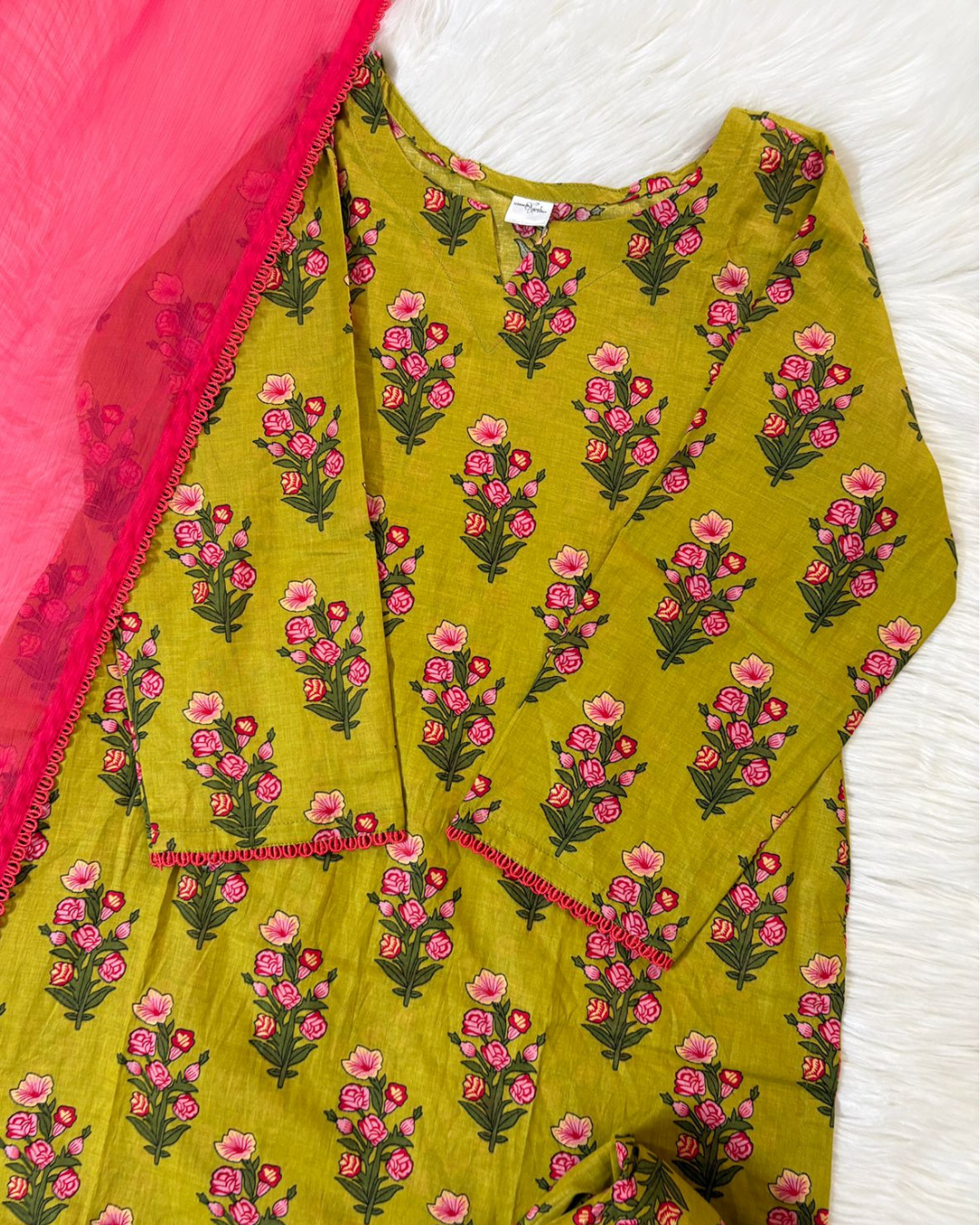Printed Mustard Green Floral - Farshi Suit 3 Pcs
