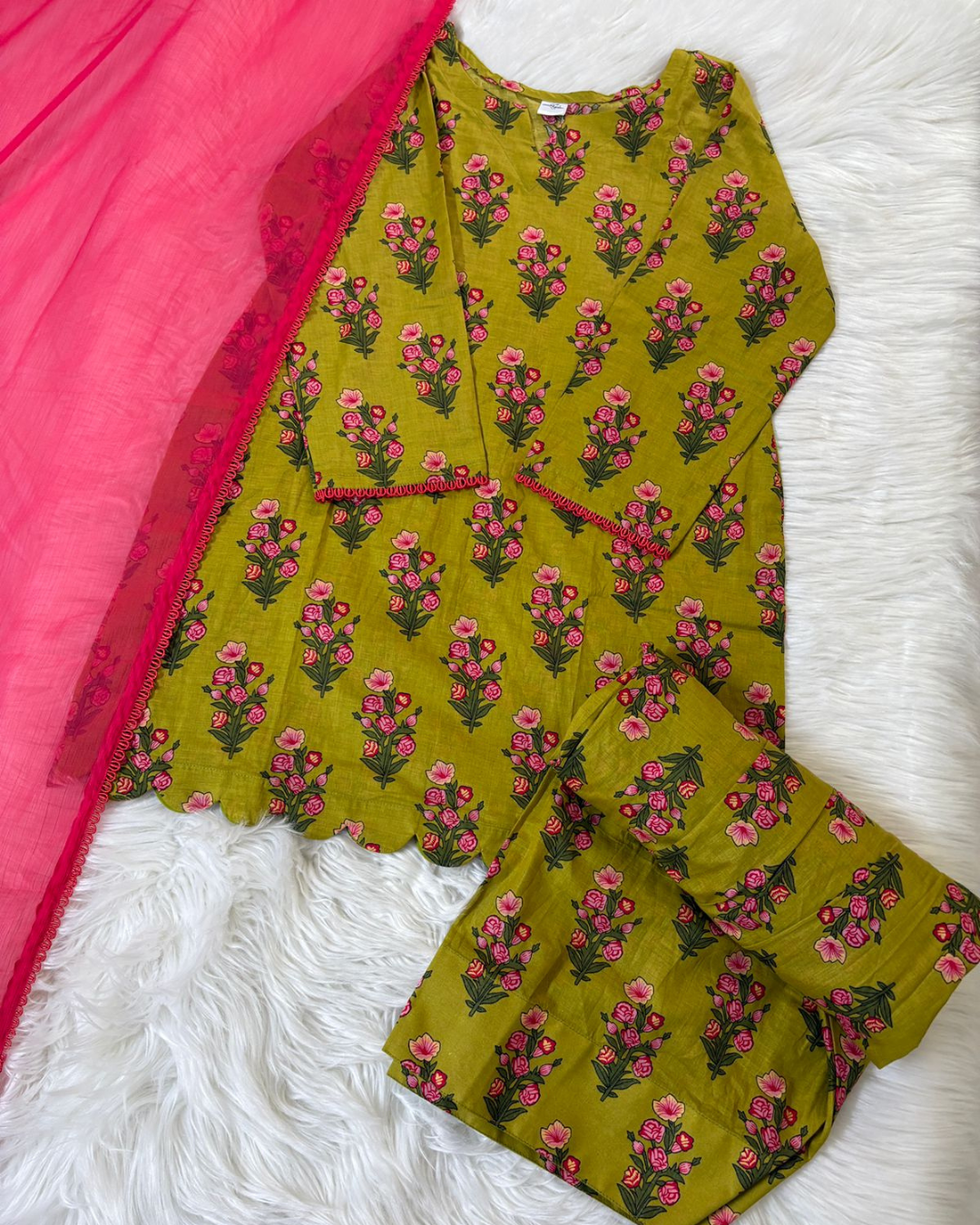 Printed Mustard Green Floral - Farshi Suit 3 Pcs
