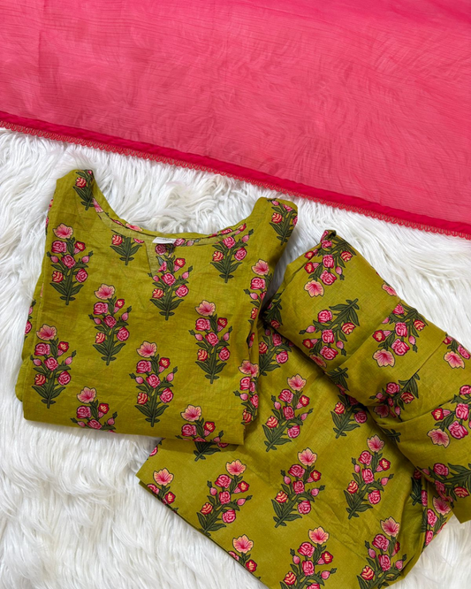 Printed Mustard Green Floral - Farshi Suit 3 Pcs