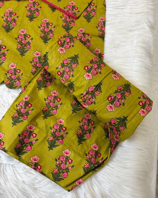 Printed Mustard Green Floral - Farshi Suit 3 Pcs