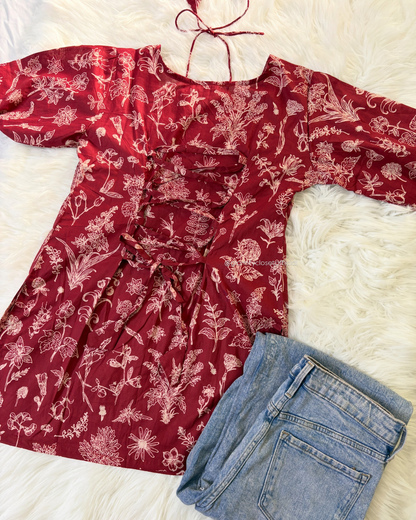 Red Floral Printed Corset Back Lawn Kurti - Summer Arrivals