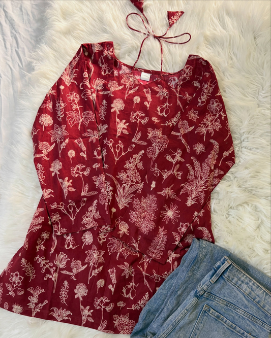 Red Floral Printed Corset Back Lawn Kurti - Summer Arrivals