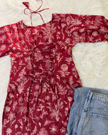 Red Floral Printed Corset Back Lawn Kurti - Summer Arrivals