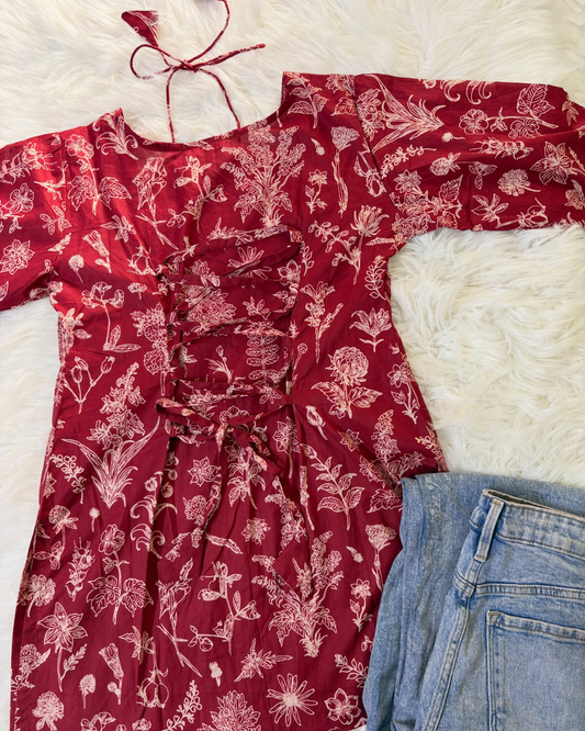Red Floral Printed Corset Back Lawn Kurti - Summer Arrivals