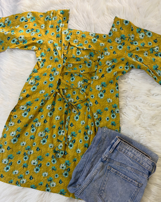 Mustard Floral - Corset Back Kurti Lawn - Summer Arrivals