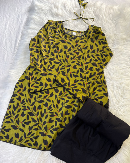 Green & Black Printed Lawn - Farshi Set 2 Pcs