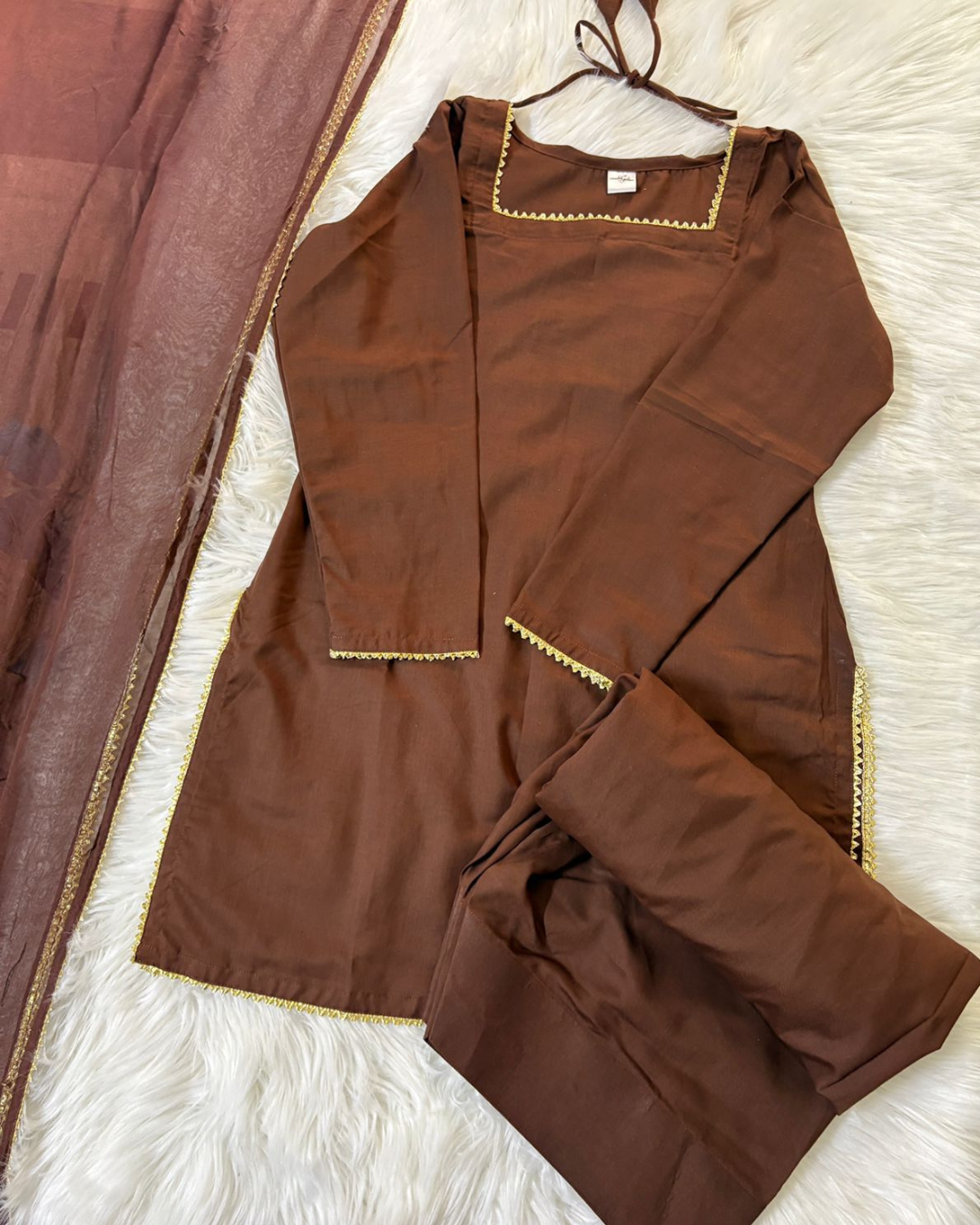 Brown Farshi Set - 3 Pcs - Blended Cotton