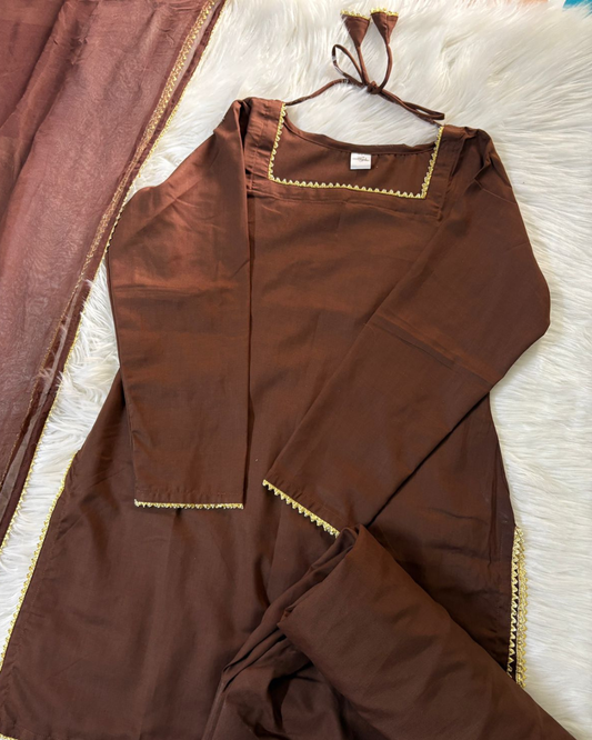 Brown Farshi Set - 3 Pcs - Blended Cotton