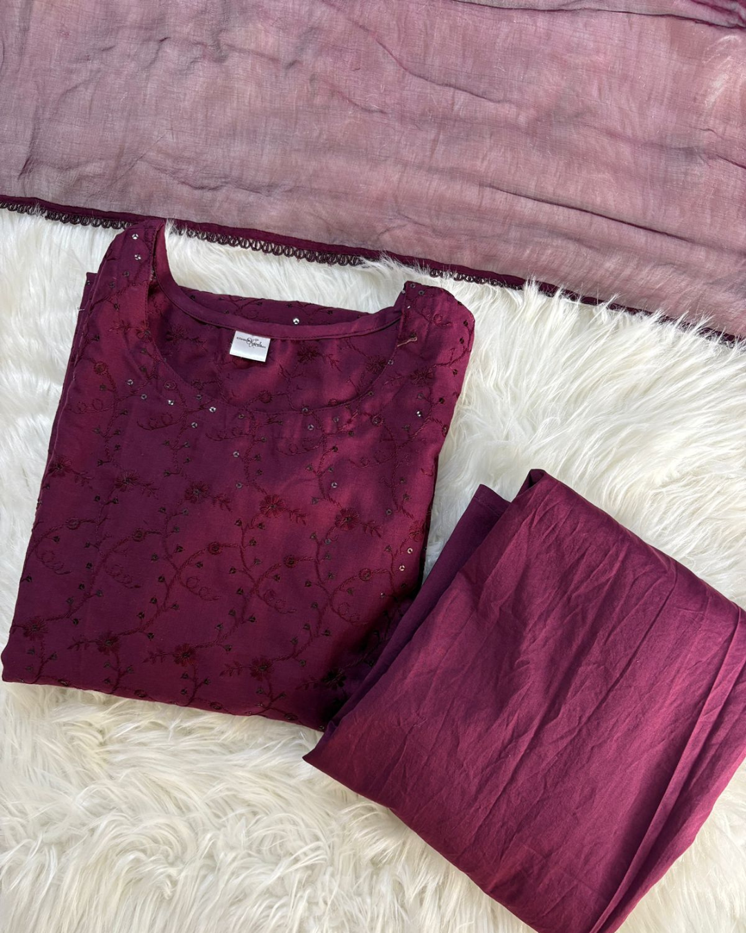 Mulberry Chikankari With Plazzo & Chiffon Dupatta - 3 Pcs
