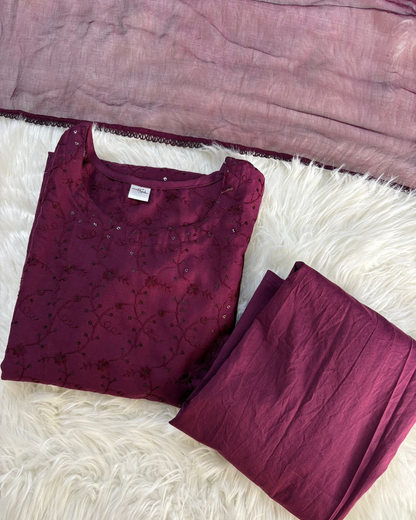 Mulberry Chikankari With Plazzo & Chiffon Dupatta - 3 Pcs