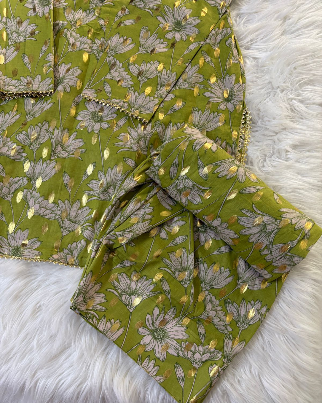 Green Lawn With Golden Gotta & Lace Detailing- 3 Pc