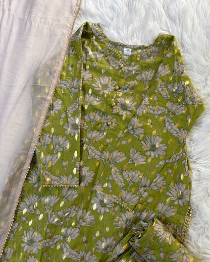 Green Lawn With Golden Gotta & Lace Detailing- 3 Pc